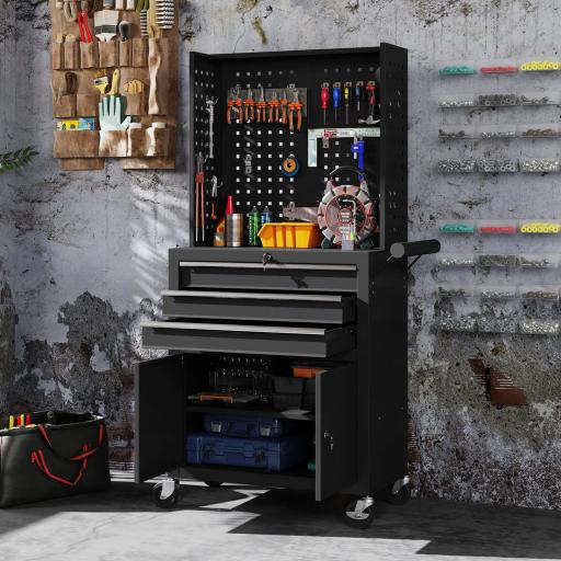 Carro de Herramientas con 3 Cajones Tabla de Pegboard Cerradura por Llave Estante Ajustable 2 Ruedas con Freno Negro