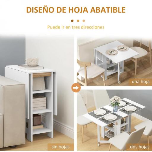 Mesa de Cocina Plegable con Alas Abatibles 2 Ruedas y Estantes Estilo Moderno 120x60x75 cm Blanco [4]