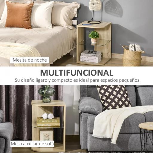 Mesita Auxiliar de Salón Moderna Mesilla de Noche con 3 Estantes Tablero de Cristal Mesita de Café para Sala de Estar Dormitorio 40x40x56 cm Madera Natural [4]