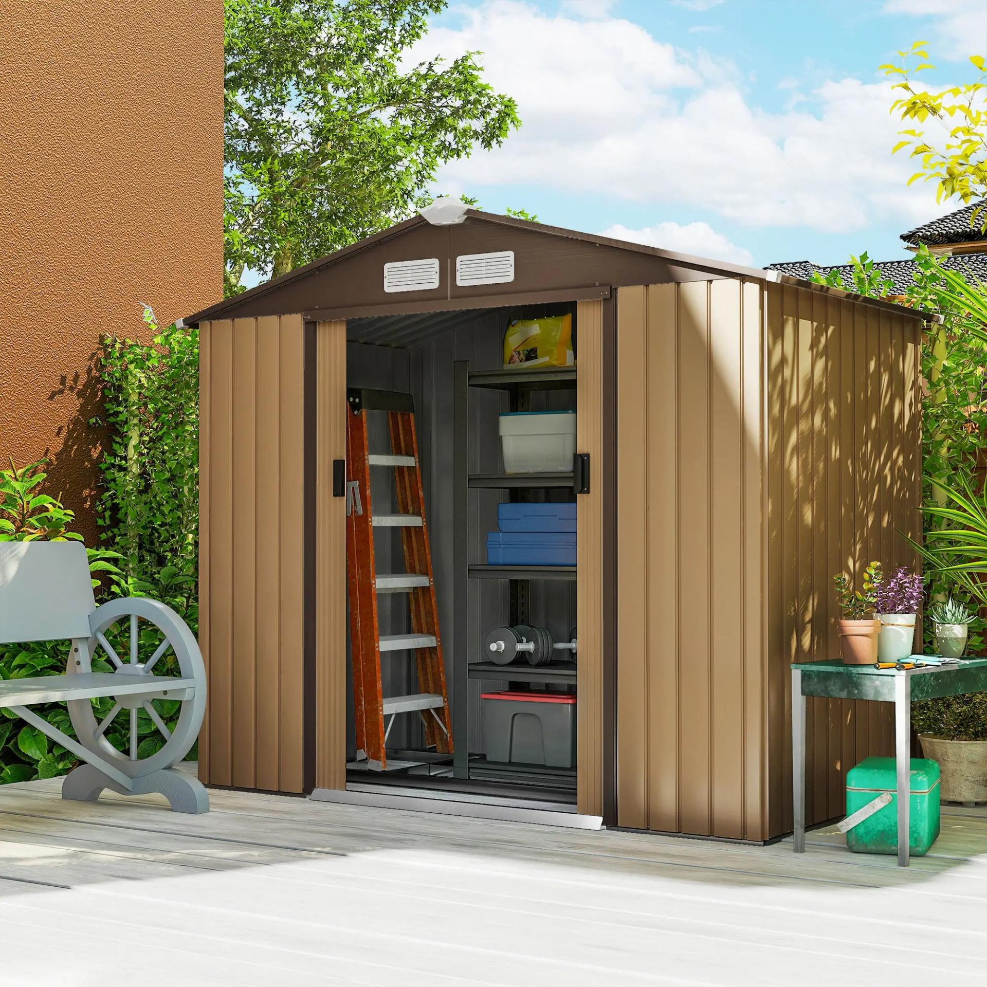 Caseta de Jardín 213x130x185 cm Cobertizo Metálico de Exterior para Almacenamiento de Herramientas Caqui
