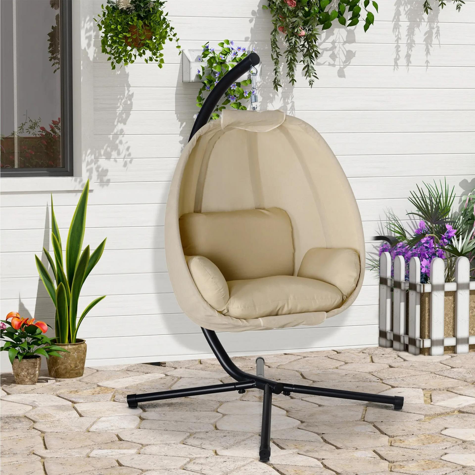 Silla Colgante Huevo con Soporte con Cesta Plegable Cojín para Interior o Exterior Carga 120 kg Caqui