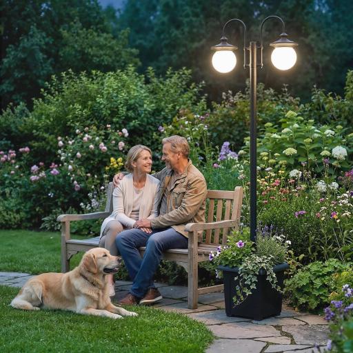 Farola Solar Exterior de Jardín con Macetero 2 Cabezales Impermeable IP44 Encendido/Apagado Automático Altura Ajustable [0]