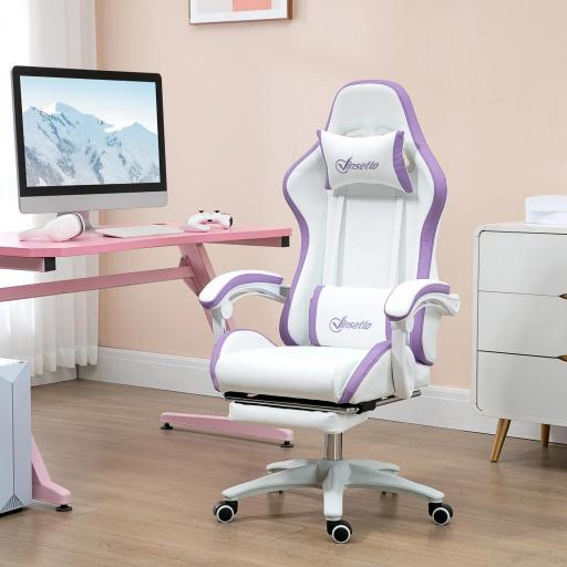 Silla Gaming Silla Gamer de Cuero PU Altura Ajustable Reclinable 135° Reposacabezas y Reposapiés 65x65x121-129 cm Blanco
