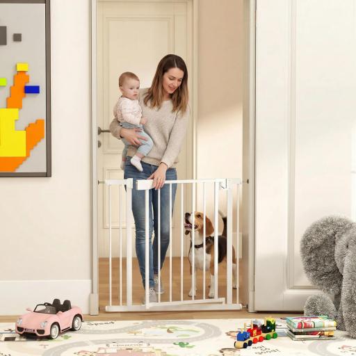 Barrera de Seguridad para Niños y Perros Ancho 76-89 cm Bloqueo Doble y Cierre Automático Apertura Dos Sentidos Blanco