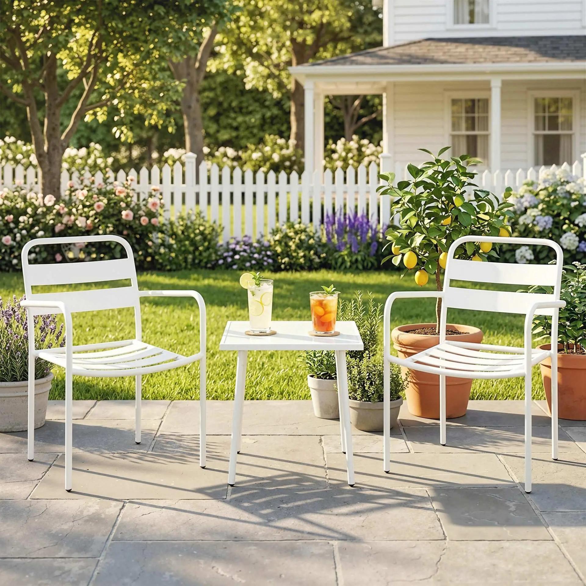 Conjunto de Jardín Exterior de 3 Piezas de Acero Galvanizado con 2 Sillas y Mesa de Vidrio Templado Blanco