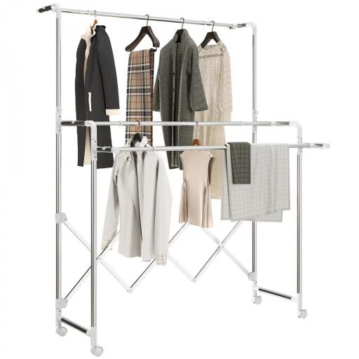 Tendedero Plegable de 3 Niveles Tendedero de Acero Inoxidable con 3 Barras Ajustables y Extensibles 4 Ruedas Plata [8]
