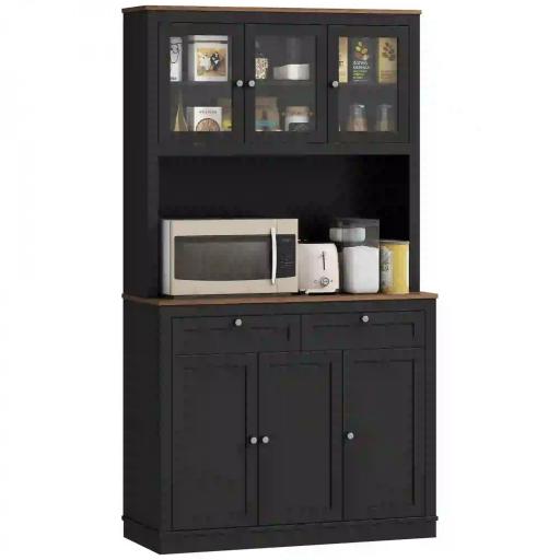 Alacena de Cocina con 3 Puertas de Vidrio Compartimento Abierto 2 Cajones y Estantes Ajustables 100x40x180 cm Negro [9]