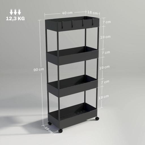 Carro de Cocina de 4 Niveles Carrito Auxiliar con Ruedas 4 Cestas y 4 Ganchos Extraíbles para Salón 40x19x90 cm Negro [1]