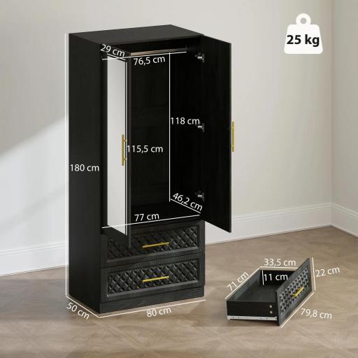 Armario Ropero con Espejo 2 Puertas y 2 Cajones Relieve de Diamante Barra para Colgar 80x50x180 cm Negro [1]