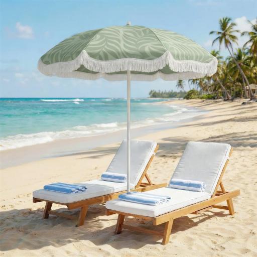 Sombrilla de Playa con Flecos Ø180 cm Altura Ajustable Inclinación Anclaje Arena y Bolsa de Transporte UPF30+ Verde [0]