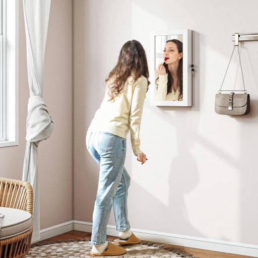 Espejo Joyero de Pared con Cerradura y Varios Compartimentos Montar en Pared o Puerta Blanco y Forro Crema