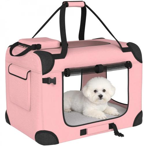 Transportín para Perros Plegable 60x41,5x41 cm con Ventanas de Malla Cojín Suave y 2 Asas para Mini Perros y Gatos Rosa [9]
