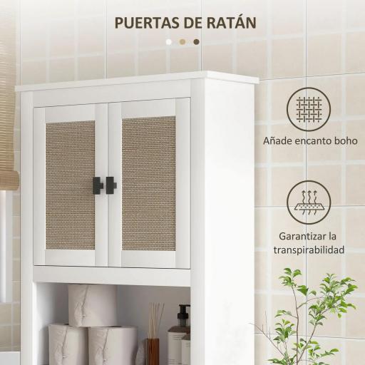 Mueble sobre Inodoro con 2 Puertas con Frontal de Ratán Compartimento y Estante Ajustable 60x19,5x160 cm Blanco [6]