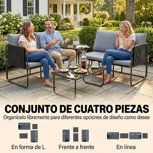 Conjunto Jardín Exterior de 4 Piezas con 2 Sofás 2 Plazas 2 Mesas de Vidrio Cojines Fundas Extraíbles y Bolsillos Gris [6]