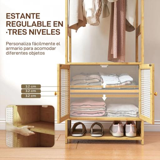 Perchero de Bambú con Armario Zapatero Barra para Colgar Estante Ajustable para Entrada Pasillo 53x31x168 cm Natural [4]