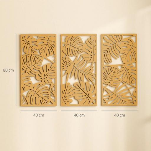 Decoración de Pared de Madera 3D 3 Piezas 40x80 cm Adornos de Pared con Patrón de Hojas Tropicales Madera Natural [1]