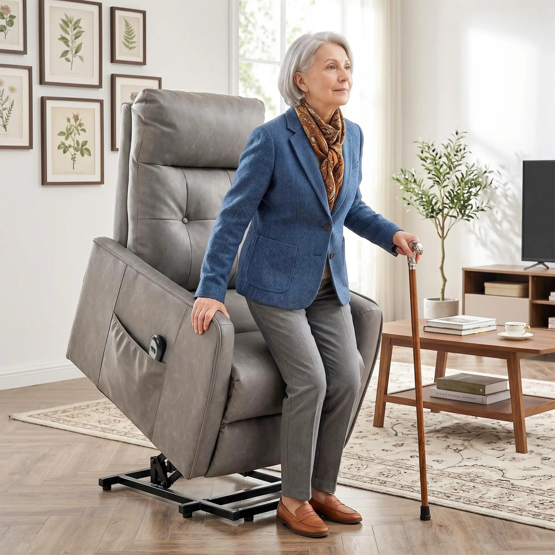 Sillón Relax Reclinable Eléctrico Levanta Personas de Cuero PU Control Remoto Asiento con Resorte Reposapiés Gris