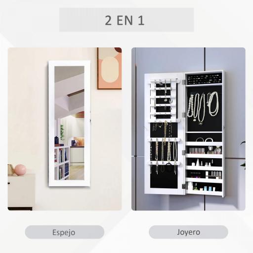 Espejo Joyero Colgante de Pared Armario de Joyería Organizador de Joyas con Ganchos y Ranuras para Collares para Dormitorio Salón 37x9,5x112 cm Blanco [7]