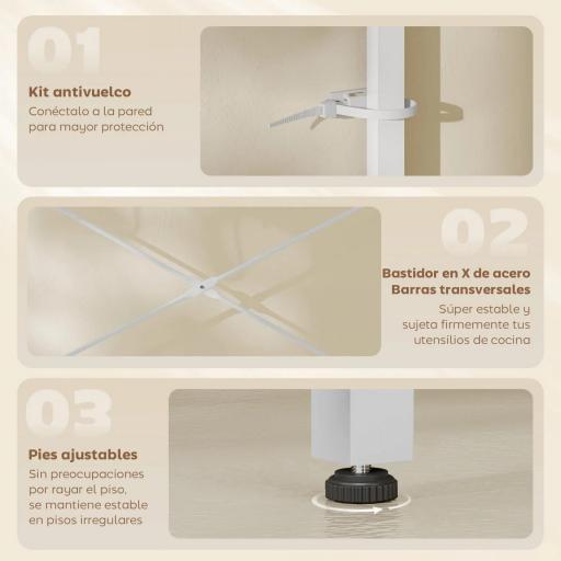 Estantería de Cocina con 2 Tomacorrientes Estante para Microondas Estante Ajustable Ganchos 60x42x137 cm Blanco [3]