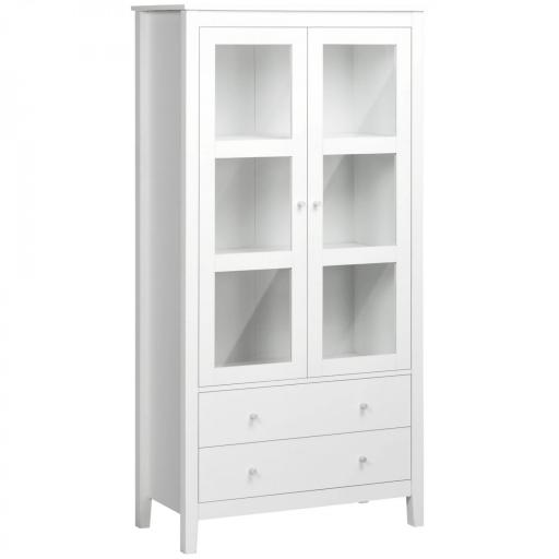 Vitrina de Salón Aparador de Cocina con 2 Puertas de Vidrio 3 Estantes 2 Cajones para Comedor Oficina 80x40x160cm Blanco [9]