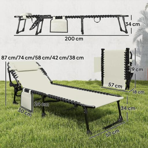 Set de 2 Tumbonas Plegables con Reposacabezas Bolsillo Lateral y Respaldo Reclinable en 5 Posiciones Blanco Crema [1]