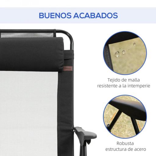 Conjunto de 2 Sillas de Camping Plegables con Reposacabezas Desmontable y Respaldo Reclinable 62x70x109 cm Negro [4]