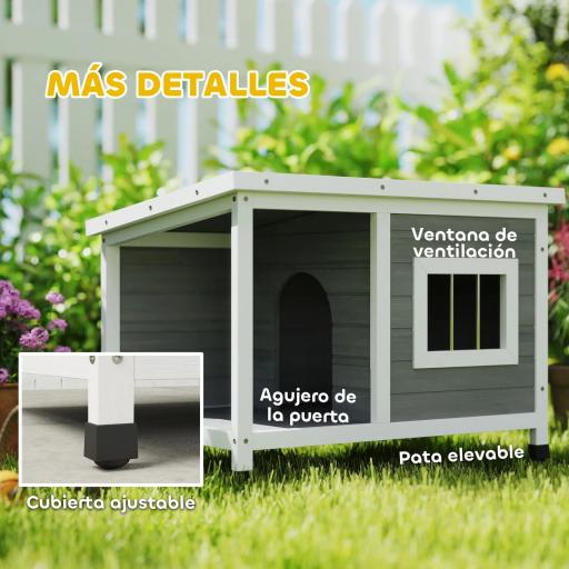 Casa para Perros de Madera 85,5x62x60 cm con Techo Asfáltico Abatible Puerta y Ventana para Perros Pequeños Gris [4]