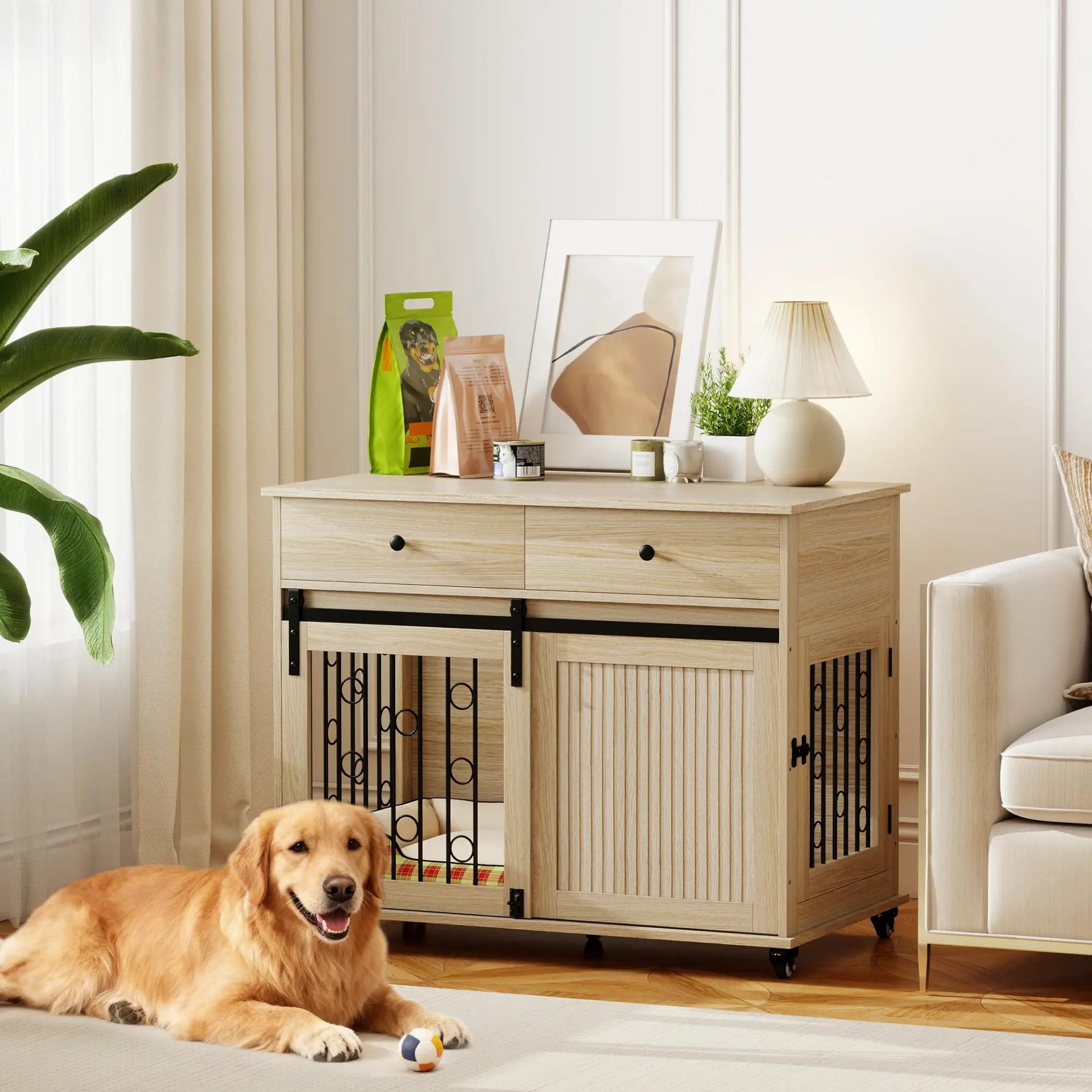 Jaula para Perros Medianos y Grandes Mesa Auxiliar Moderna con 2 Cajones 2 Puertas y Cierre 100x56x81 cm Roble