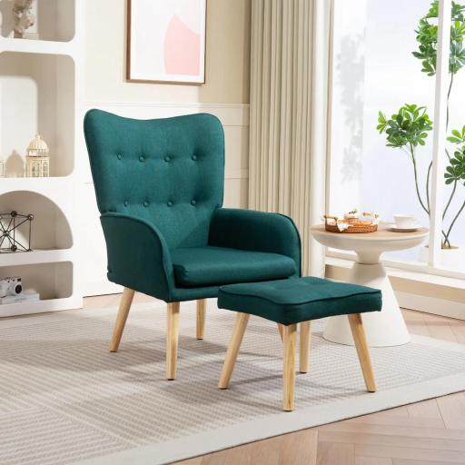 Sillón con Reposapiés Sillón Lectura con Respaldo Alto Capitoné Patas de Madera y Tapizado en Lino Verde Oscuro [6]