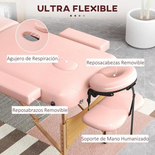 Camilla de Masaje Plegable con Reposacabezas Extraíble Asa Marco de Madera y Altura Regulable 210x81x67-92 cm Rosa [6]