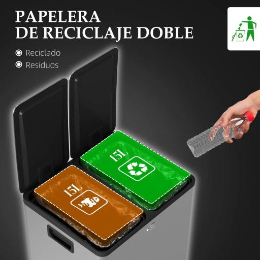 Papelera Cocina de Acero Inoxidable con 2 Compartimentos 2x15L Pedal Tapas de Cierre Suave y Cubo Extraíble Plata [4]