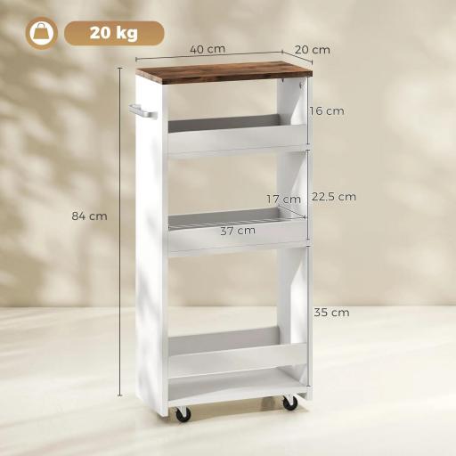 Carrito de Cocina Estrecho de 3 Niveles con Ruedas para Espacios Reducidos Comedor o Salón Blanco [4]
