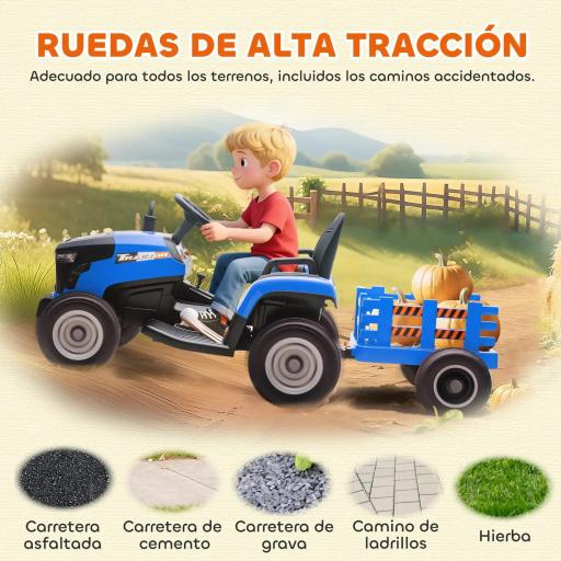 Tractor Eléctrico para Niños con Remolque Desmontable Batería 12V Velocidad 3-5 km/h, Control Remoto 2,4G Azul [1]