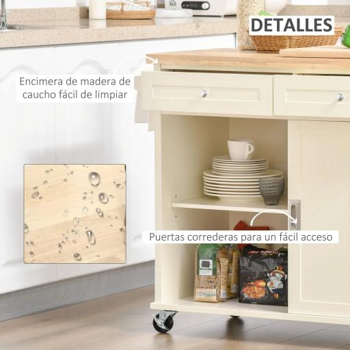 Carrito de Cocina Multifuncional con Ruedas 2 Puertas Correderas 2 Cajones y Barra de Colgar 110x49,5x89,5 cm Crema [4]
