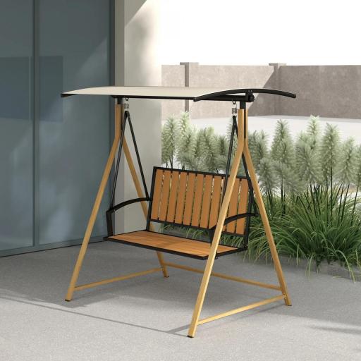 Balancín de Jardín Exterior de 2 Plazas con Toldo Ajustable y Estructura de Metal 142x112x162 cm Madera Natural y Beige [4]