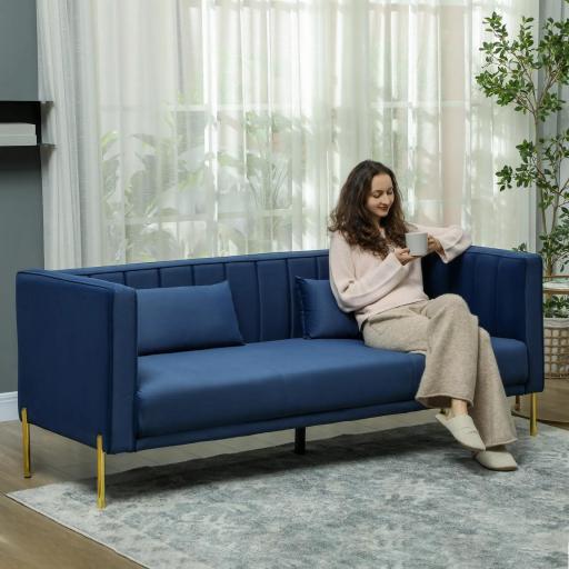 Sofá de 3 Plazas con Tapizado Aterciopelado Estructura Reforzada y Patas Doradas para Salón 194,5x76x76 cm Azul Marino