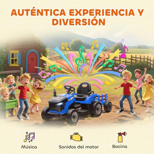 Tractor Eléctrico para Niños con Remolque Desmontable Batería 12V Velocidad 3-5 km/h, Control Remoto 2,4G Azul [2]