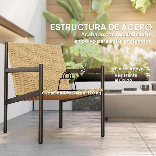 Silla de Ratán de Jardín para Exterior con Reposabrazos Estructura de Acero y Respaldo Inclinado 74x61x81 cm Natural [5]