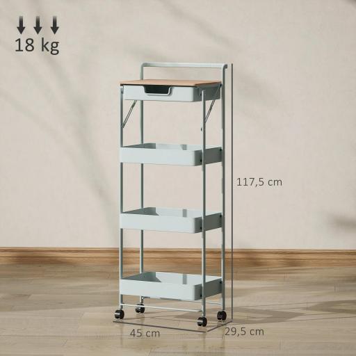 Carrito Auxiliar con Ruedas de 4 Niveles con Cajón Encimera y Cestas de Rejilla para Dormitorio Baño Cocina Verde Claro [1]