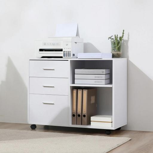 Armario de Oficina para Impresora Mueble Multifuncional con 3 Cajones Estantes y Ruedas 80x40x65 cm Blanco [3]
