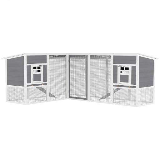 Gallinero de Madera Grande Exterior en L para Esquina con 2 Nidos Corral Bandejas Extraíbles 251x192x103 cm Gris [8]