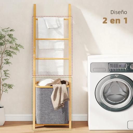 Estantería para Baño de Bambú Toallero de Pie con 3 Barras Cesto para Ropa Sucia Extraíble de 48 L Gris [2]