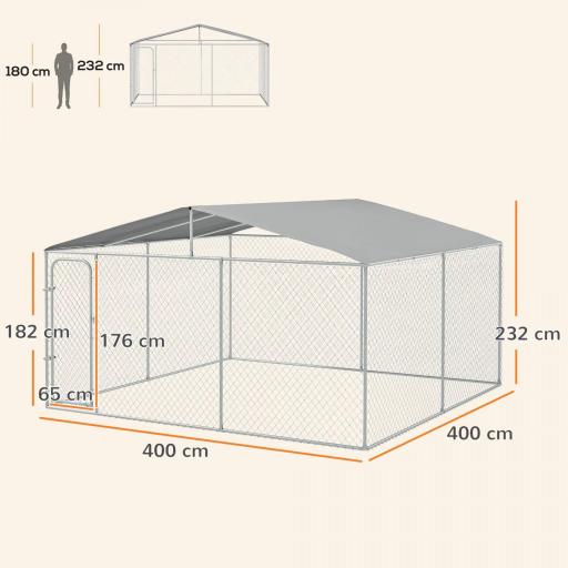 Perrera de Exterior con Toldo Anti-UV Impermeable Puerta con Pestillo y Marco de Metal Galvanizado 4x4x2,3 m Plata [1]