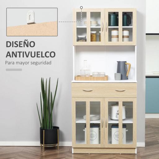 Alacena de Cocina con 4 Puertas de Vidrio Encimera Abierta Cajón Estantes Ajustables 80x40x180 cm Blanco y Natural [7]
