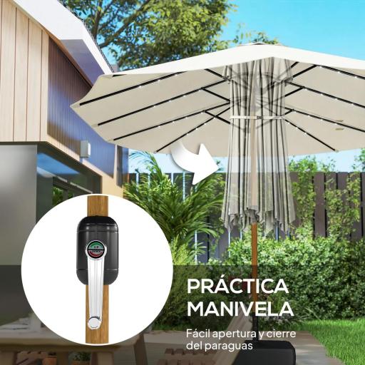 Sombrilla Doble de Jardín 4,6x2,6 m con 48 Luces LED Base Incluida Manivela Sacos de Arena Anti-UV Crema [2]