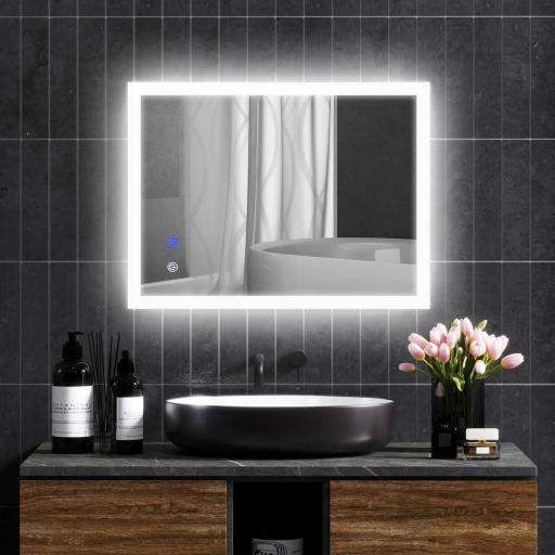 Espejo de Baño con Luces LED Regulable en 3 Colores 80x60 cm Función Antivaho Función de Memoria Interruptor Táctil