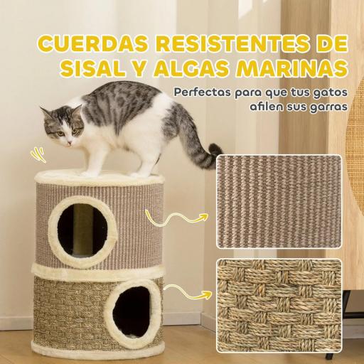Barril Rascador para Gatos de 2 Niveles Altura 49 cm Tonel de Escalada con Cama Cubierto de Sisal Caqui y Café [3]