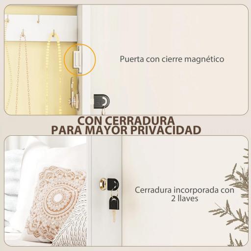Espejo Joyero de Pared con Cerradura y Varios Compartimentos Montar en Pared o Puerta Blanco y Forro Crema [1]