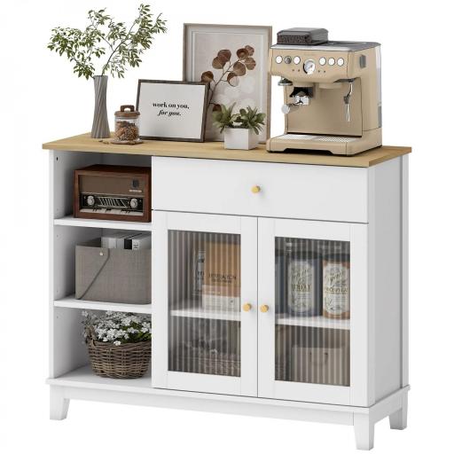 Aparador para Salón con 2 Puertas de Vidrio Cajón Compartimentos Abiertos y Estantes Ajustables 100x35x80,3 cm Blanco [8]