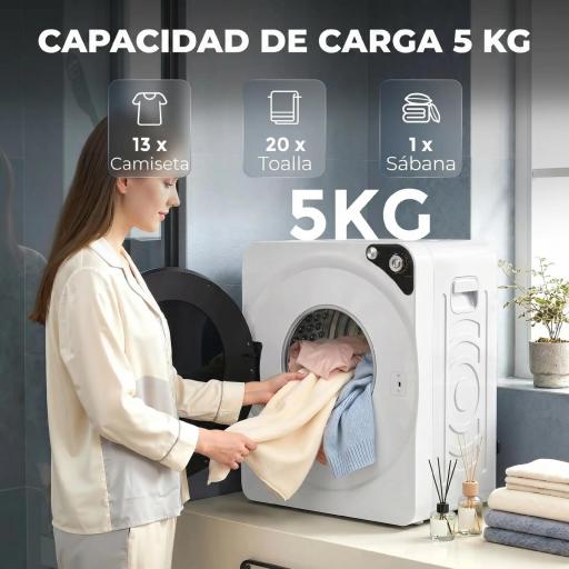Secadora de Ropa Compacta 5 kg 1000W con 5 Modos de Secado Tambor de Acero Inoxidable Blanco [4]